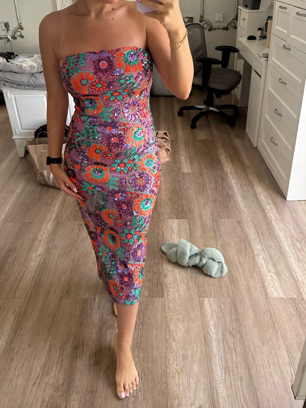 Ramy Brook Strapless Floral Sequin Midi Dress in Pink, Orange & Green